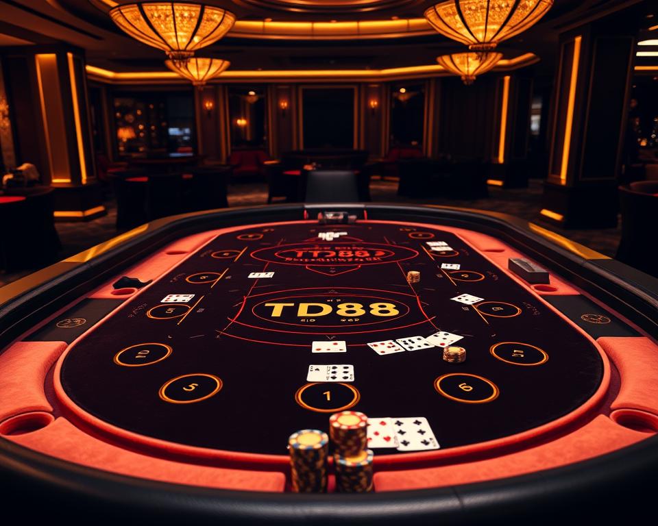 A lavishly appointed baccarat table with the TD88 logo prominently displayed. The table is set in a dimly lit, opulent casino environment, bathed in warm, golden lighting. Plush velvet-lined betting zones line the table's edge, inviting players to place their wagers. Crisp, freshly dealt cards and stacks of gleaming casino chips are scattered across the felt surface, hinting at the high-stakes excitement of the game. The scene exudes an air of sophisticated, high-class gambling, capturing the essence of the &amp;amp;amp;quot;Hướng dẫn đặt cược Baccarat tại TD88&amp;amp;amp;quot; section.
