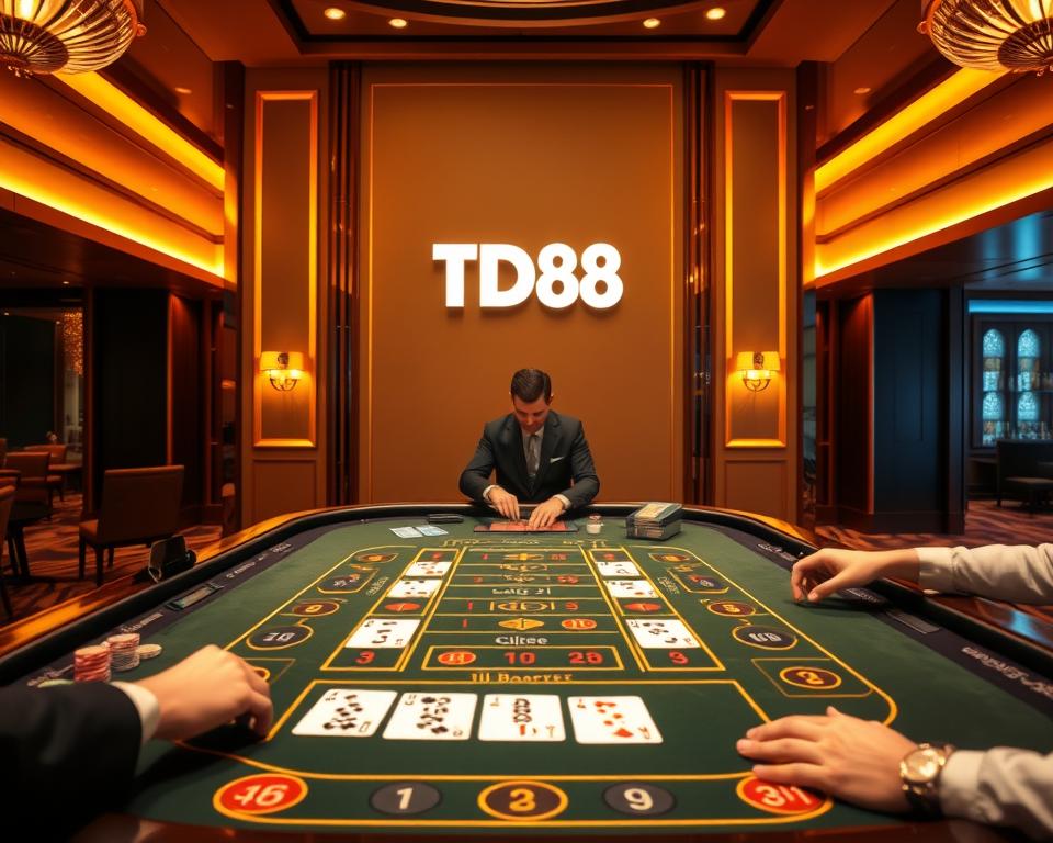 A sophisticated baccarat table set in a lavish casino interior with the TD88 logo prominently displayed. The table is illuminated by warm, ambient lighting, creating a refined and inviting atmosphere. Cards are dealt by a skilled dealer, while players' hands and casino chips are visible, hinting at the excitement of the game. The scene captures the elegant and thrilling experience of playing baccarat at the TD88 online casino.